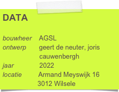 DATA

bouwheer    AGSL
ontwerp       geert de neuter, joris 
                    cauwenbergh 
jaar              2022
locatie         Armand Meyswijk 16
                   3012 Wilsele