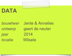 DATA

bouwheer    Algoed - Houpline
ontwerp       geert de neuter 
jaar              2014
locatie         Louis Woutersstraat 12
                   3012 Wilsele