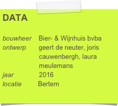 DATA

bouwheer    Bier- & Wijnhuis bvba
ontwerp       geert de neuter, joris      
                    cauwenbergh, laura        
                    meulemans
jaar              2016
locatie         Weygenstraat 10A
                   3060 Bertem