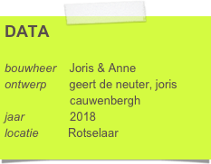 DATA

bouwheer    Joris & Anne
ontwerp       geert de neuter, joris      
                    cauwenbergh
jaar              2018
locatie         Rotselaar