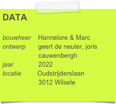 DATA

bouwheer    Hannelore & Marc
ontwerp       geert de neuter, joris 
                    cauwenbergh
jaar              2022
locatie         Oudstrijderslaan
                    3012 Wilsele