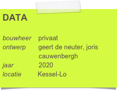 DATA

bouwheer    privaat
ontwerp       geert de neuter, joris 
                    cauwenbergh
jaar              2020
locatie         Heidebloempad
                   3010 Kessel-Lo