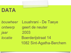 DATA

bouwheer    Louahrani - De Taeye
ontwerp       geert de neuter     
jaar              2003
locatie         Boerderijstraat 14
                   1082 Sint-Agatha-Berchem