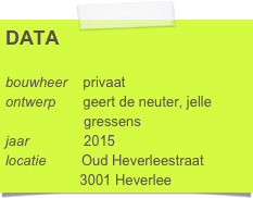 DATA

bouwheer    privaat
ontwerp       geert de neuter, jelle      
                    gressens
jaar              2015
locatie         Oud Heverleestraat
                   3001 Heverlee