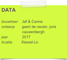 DATA

bouwheer    Jef & Carine
ontwerp       geert de neuter, joris 
                    cauwenbergh
jaar              2017
locatie         Kessel-Lo