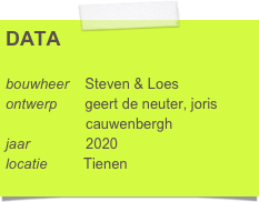 DATA

bouwheer    Steven & Loes
ontwerp       geert de neuter, joris      
                    cauwenbergh
jaar              2020
locatie         Tienen