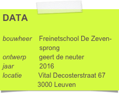 DATA

bouwheer    Freinetschool De Zeven-
                    sprong
ontwerp       geert de neuter
jaar              2016
locatie         Vital Decosterstraat 67 
                   3000 Leuven